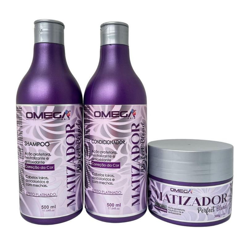 Kit Matizador Perfect Blond Shampoo Condicionador 500ml e Máscara 300g Omega Hair