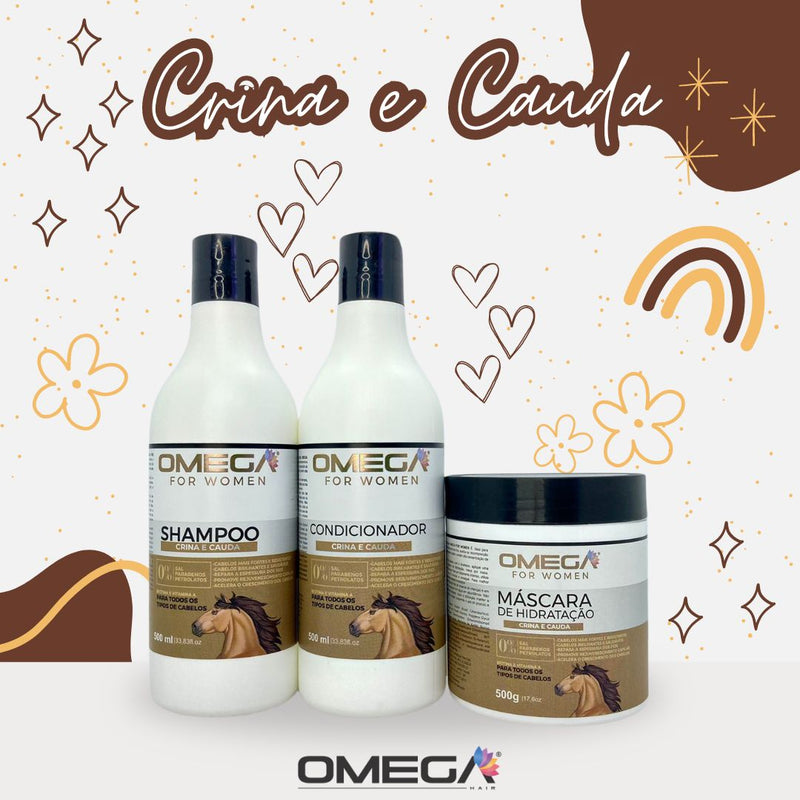 Kit Capilar Crina e Cauda Shampoo Condicionador e Máscara 500g OmegaHair