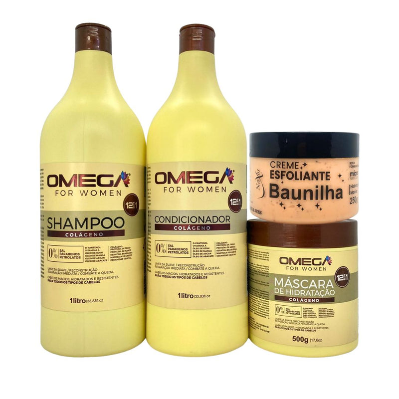 Kit Hidratante Colágeno Shampoo Condicionador 1L Máscara Omega Hair e Esfoliante Baunilha
