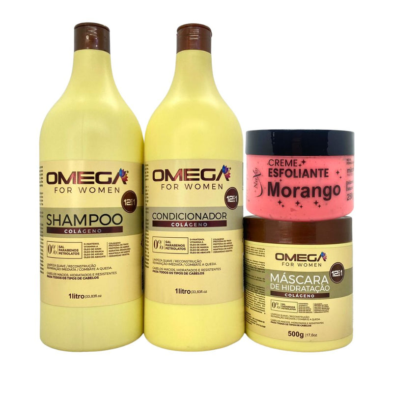 Kit Hidratante Colágeno Shampoo Condicionador 1L Máscara Omega Hair e Esfoliante Morango