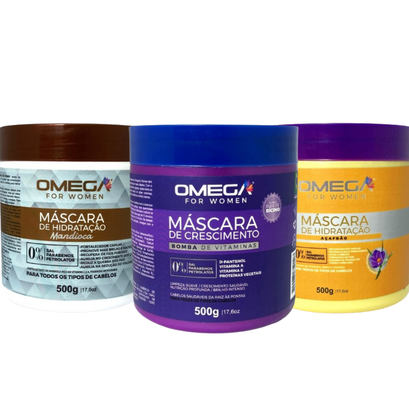 Kit Máscaras para Cronograma Capilar Intensivo - Hidratação Nutrição Reconstrução - Profissional Omega Hair - KIT 5