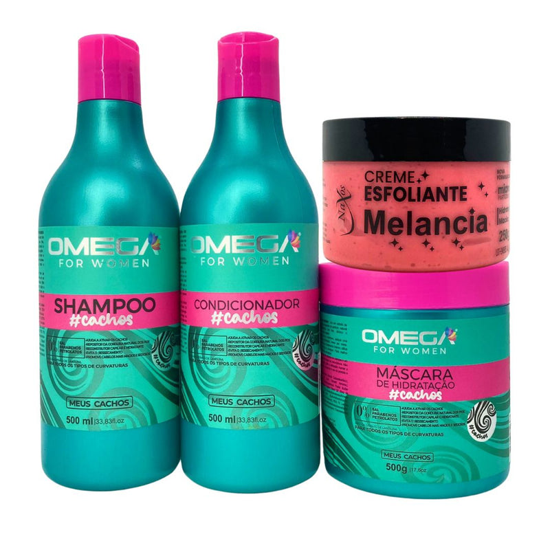 Kit Cacheadas Shampoo Condicionador  Mascara 500g Omega Hair e Esfoliante Melancia