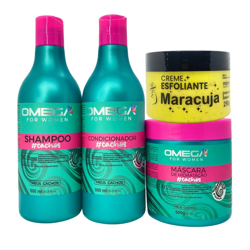 Kit Cacheadas Shampoo Condicionador  Mascara 500g Omega Hair e Esfoliante Maracuja