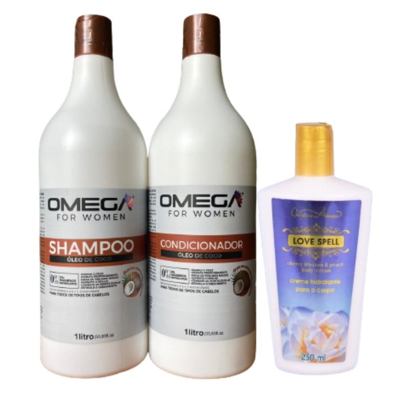 Kit Óleo De Coco Shampoo Condicionador E Creme Corporal 1L OmegaHair