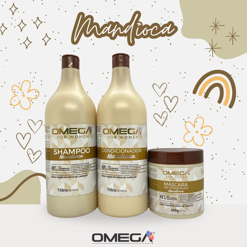 Kit Capilar Mandioca Shampoo Condicionador 1L E Máscara OmegaHair