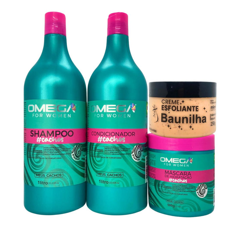 Kit Cacheadas Shampoo Condicionador 1L Mascara Omega Hair e Esfoliante Baunilha