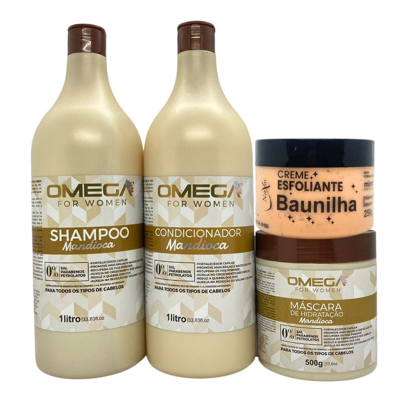 Kit Nutrição Mandioca Shampoo Condicionador 1L Máscara Omega Hair e Esfoliante Baunilha
