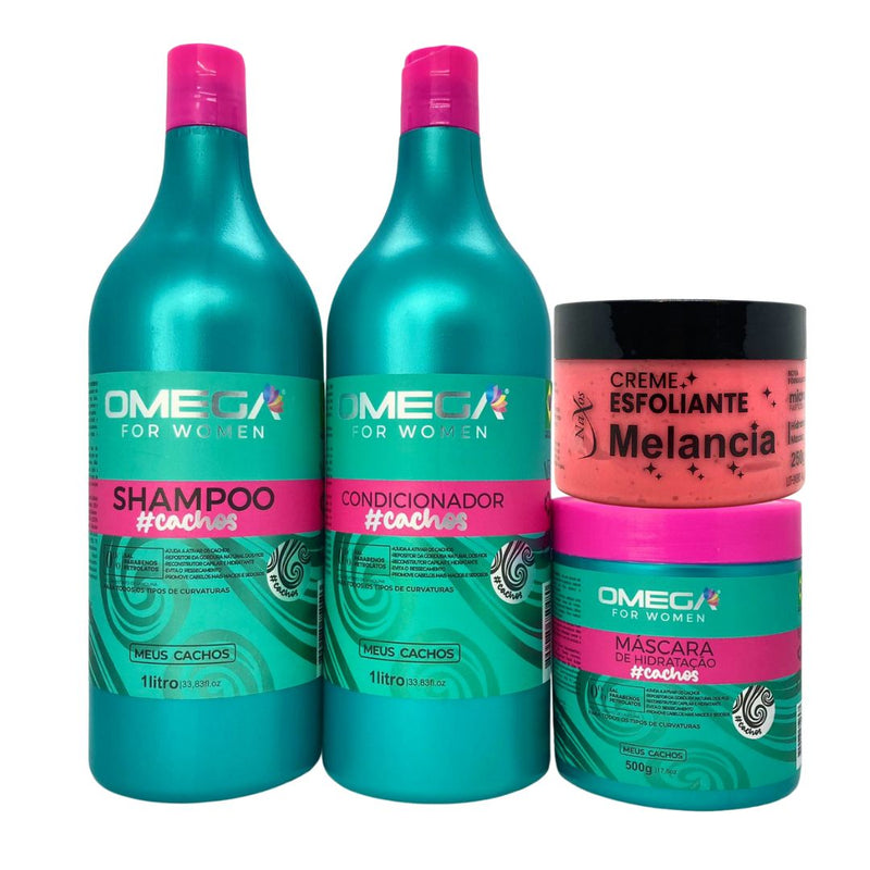 Kit Cacheadas Shampoo Condicionador 1L Mascara Omega Hair e Esfoliante Melancia