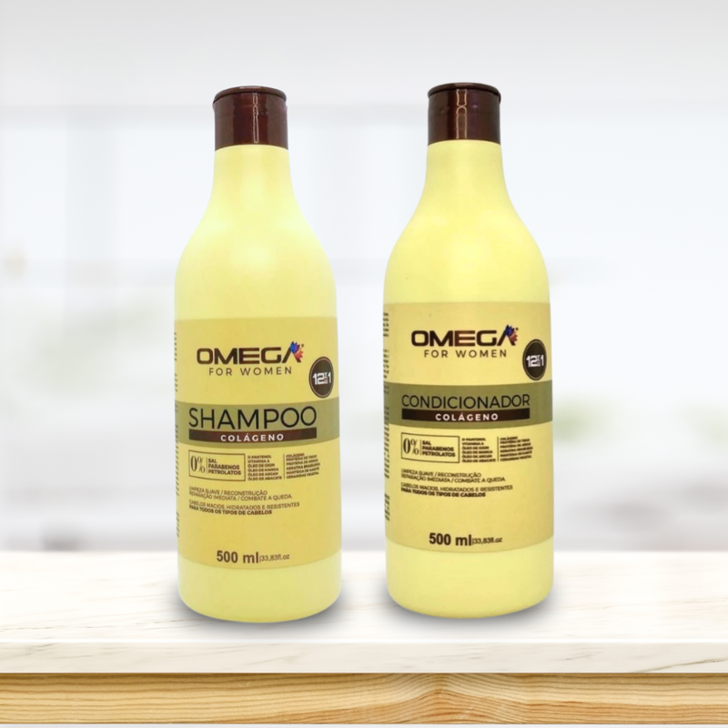 Kit Capilar Colágeno Shampoo Condicionador e Máscara 500g OmegaHair