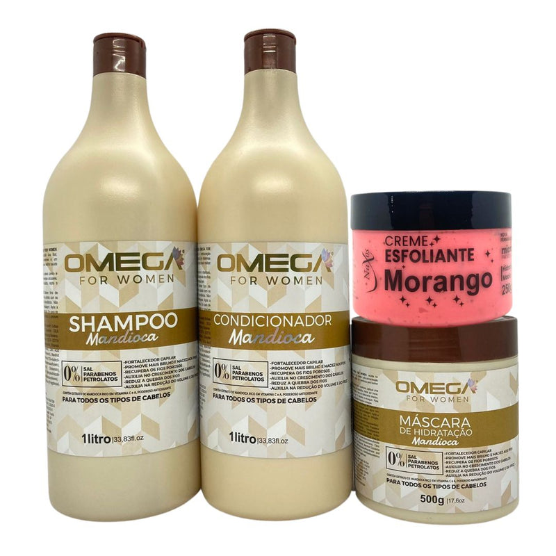 Kit Nutrição Mandioca Shampoo Condicionador 1L Máscara Omega Hair e Esfoliante Morango