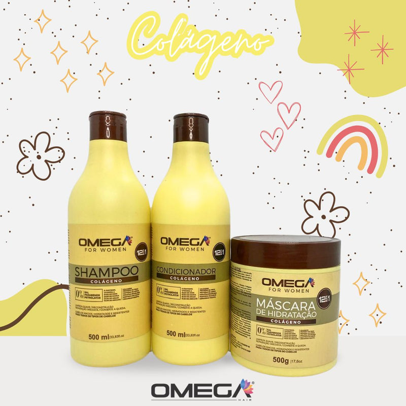 Kit Capilar Colágeno Shampoo Condicionador e Máscara 500g OmegaHair