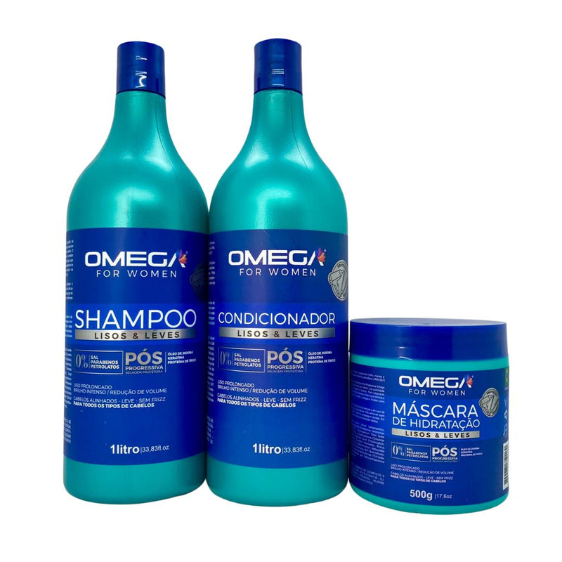 Kit Lisos e Leves Shampoo Condicionador 1L e Mascara Omega Hair