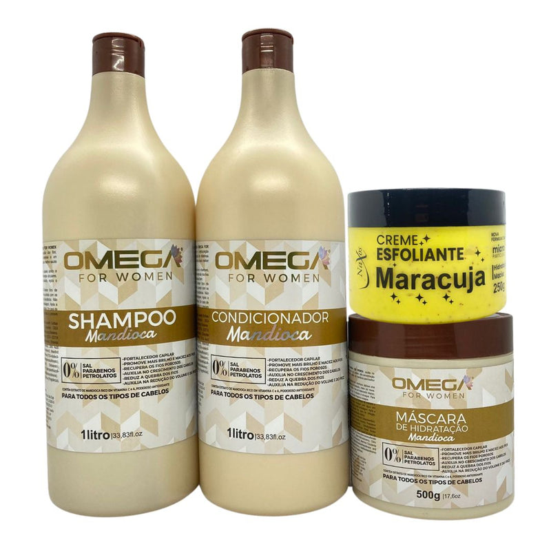 Kit Nutrição Mandioca Shampoo Condicionador 1L Máscara Omega Hair e Esfoliante Maracujá
