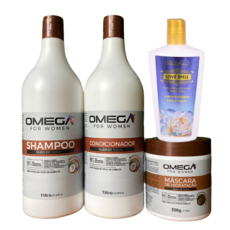 Kit Capilar Óleo De Coco Shampoo Condicionador 1L Máscara E Creme Corporal OmegaHair