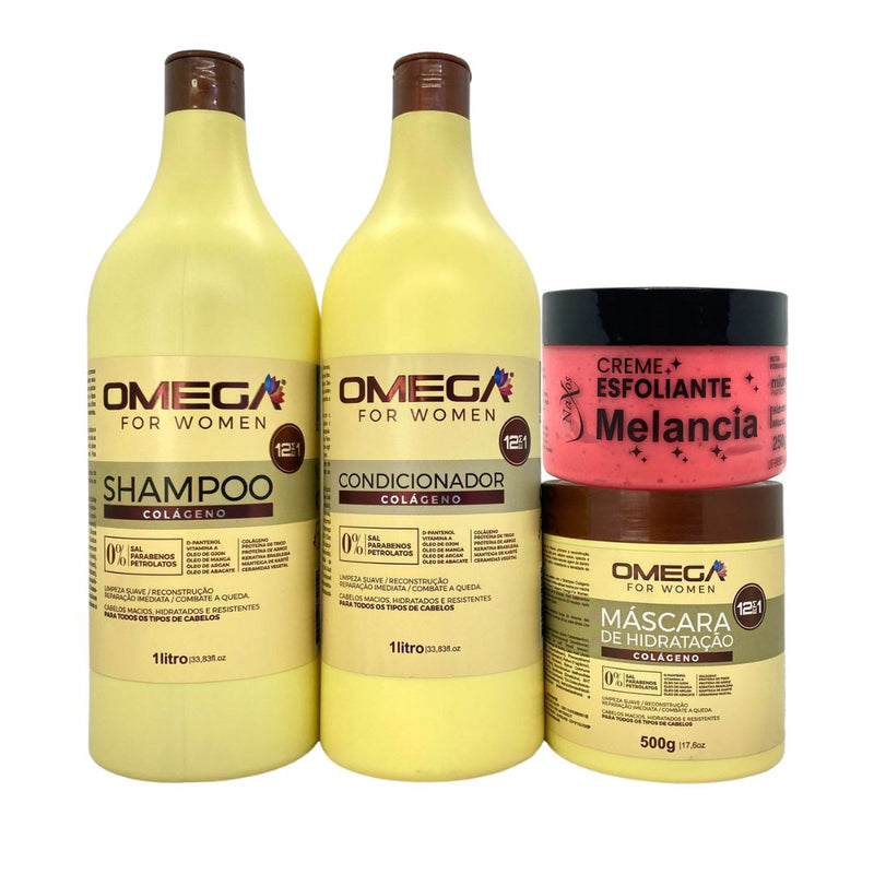 Kit Hidratante Colágeno Shampoo Condicionador 1L Máscara Omega Hair e Esfoliante Melancia
