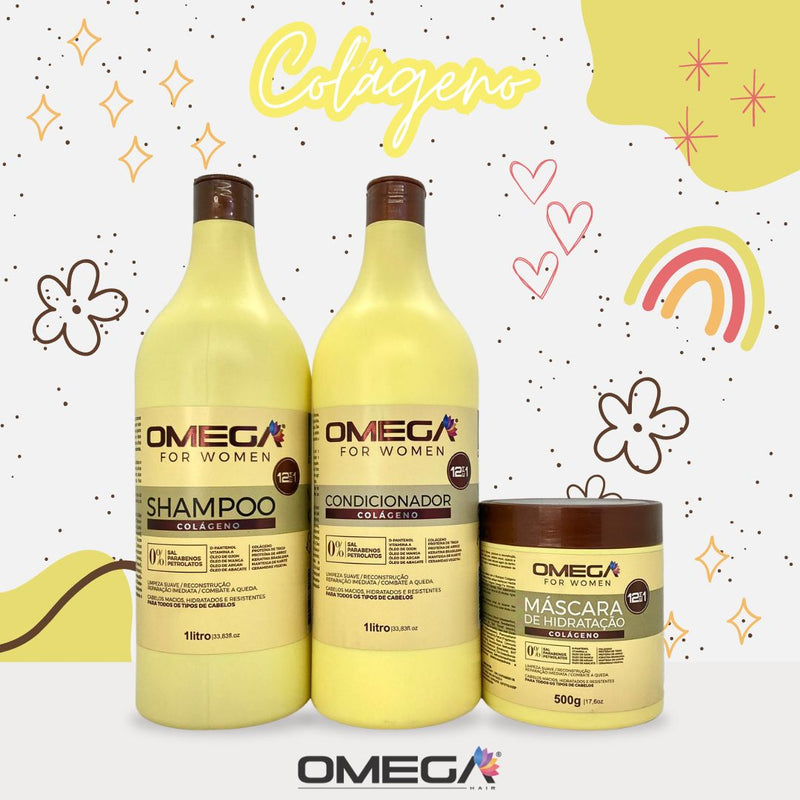 Kit Hidratante Colágeno Shampoo Condicionador 1L Máscara Omega Hair e Esfoliante Baunilha
