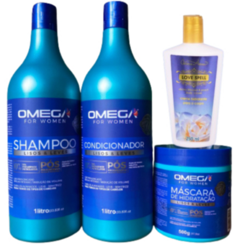 Kit Capilar Lisos E Leves Shampoo Condicionador 1L Máscara E Creme Corporal OmegaHair