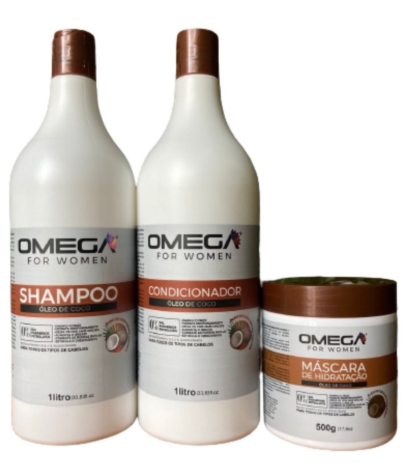 Kit Capilar Óleo De Coco Shampoo Condicionador 1L E Máscara OmegaHair
