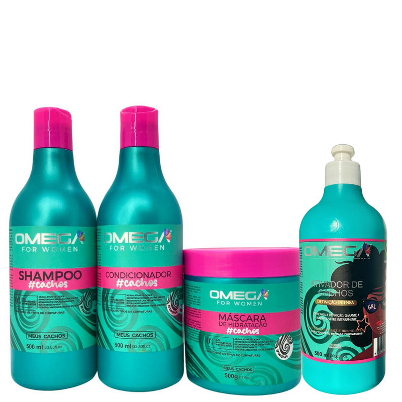 Kit Tratamento Para Cachos Shampoo, Condicionador e Mascara 500g + Ativador Omega Hair
