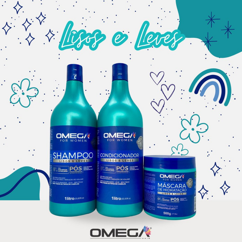 Kit Capilar Lisos E Leves Shampoo Condicionador 1L Máscara E Creme Corporal OmegaHair