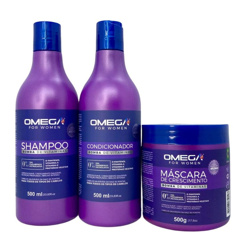 Kit Capilar Bomba de Vitamina Shampoo Condicionador Mascara 500g OmegaHair
