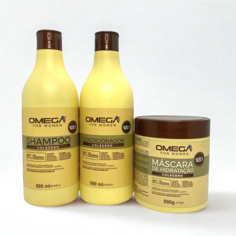 Kit Capilar Colágeno Shampoo Condicionador e Máscara 500g OmegaHair