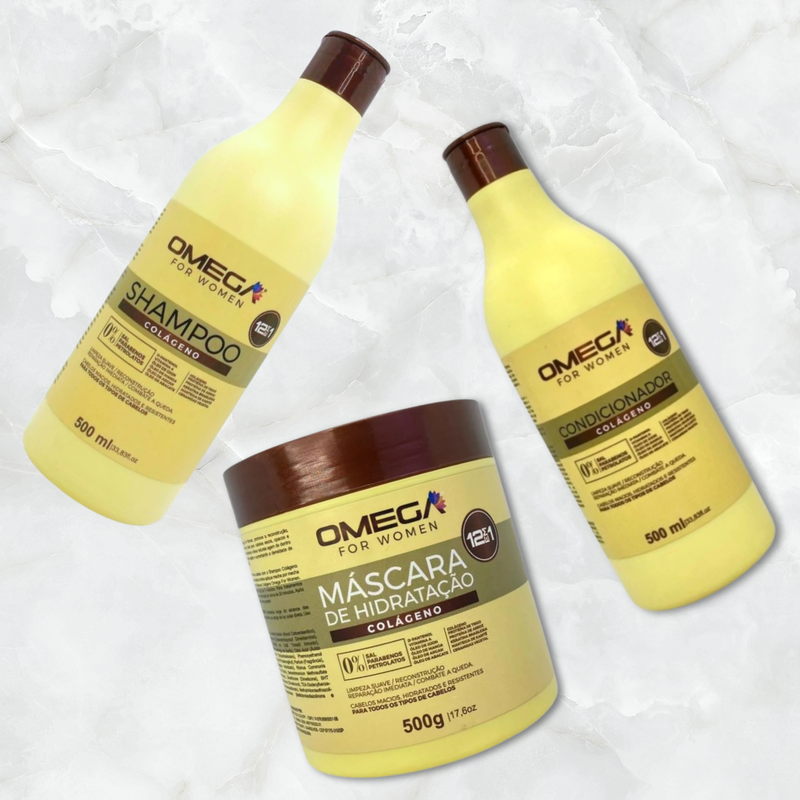 Kit Capilar Colágeno Shampoo Condicionador e Máscara 500g OmegaHair