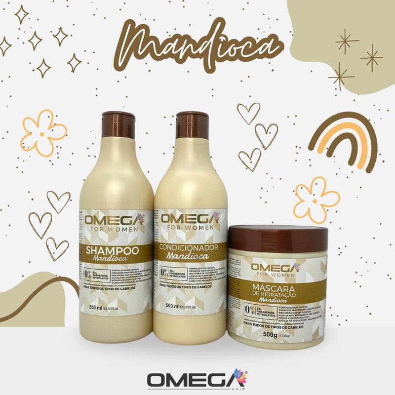Kit Capilar Mandioca Shampoo Condicionador e Máscara 500g OmegaHair