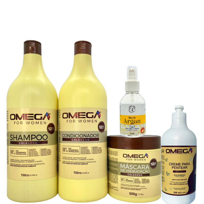 Kit de Reconstrução Profunda Colágeno 1L OmegaHair - 5 Itens