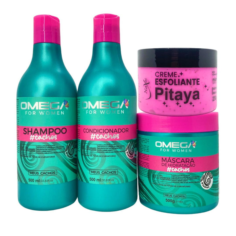 Kit Cacheadas Shampoo Condicionador  Mascara 500g Omega Hair e Esfoliante Pitaya