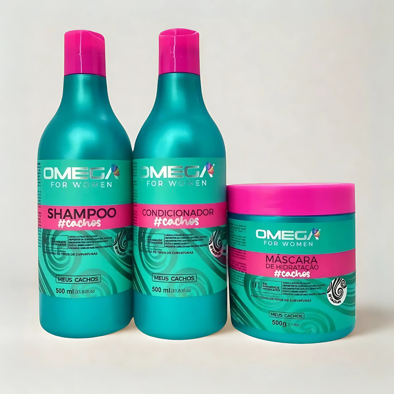 Kit Capilar Cachos Shampoo Condicionador 500ml e Mascara 500g OmegaHair