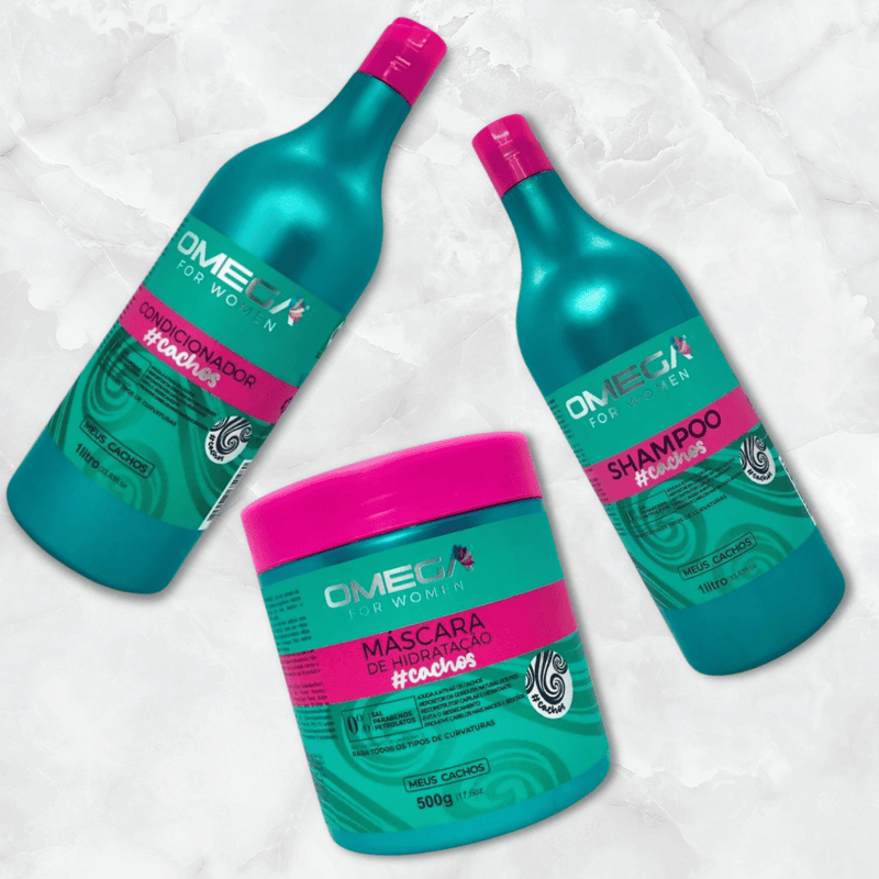 Kit Capilar Cachos Shampoo Condicionador 1L e Mascara Omega Hair