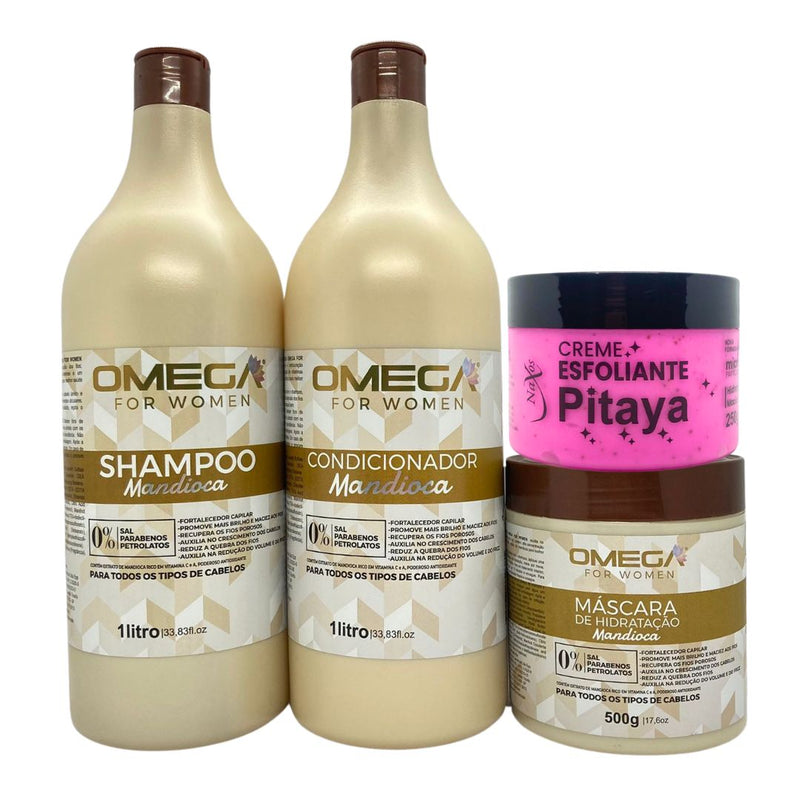 Kit Nutrição Mandioca Shampoo Condicionador 1L Máscara Omega Hair e Esfoliante Pitaya