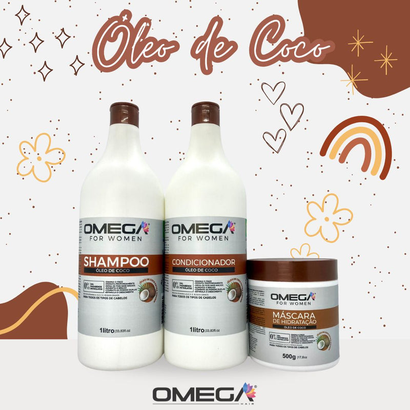 Kit Capilar Óleo De Coco Shampoo Condicionador 1L E Máscara OmegaHair