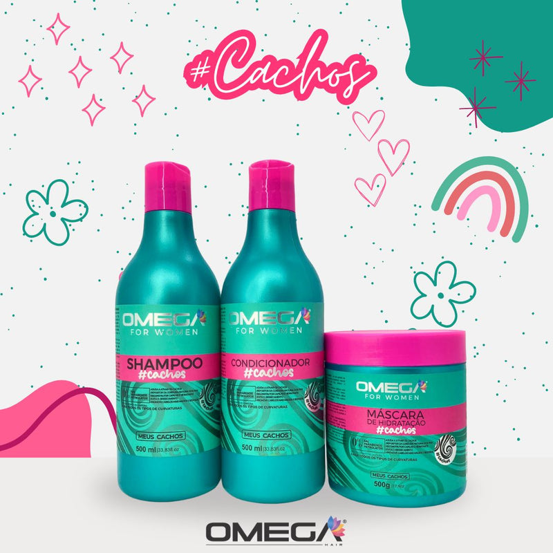 Kit Cacheadas Shampoo Condicionador  Mascara 500g Omega Hair e Esfoliante Maracuja