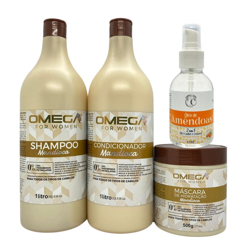 Kit Capilar Mandioca Shampoo Condicionador 1L  Máscara e Óleo Capilar Omega Hair