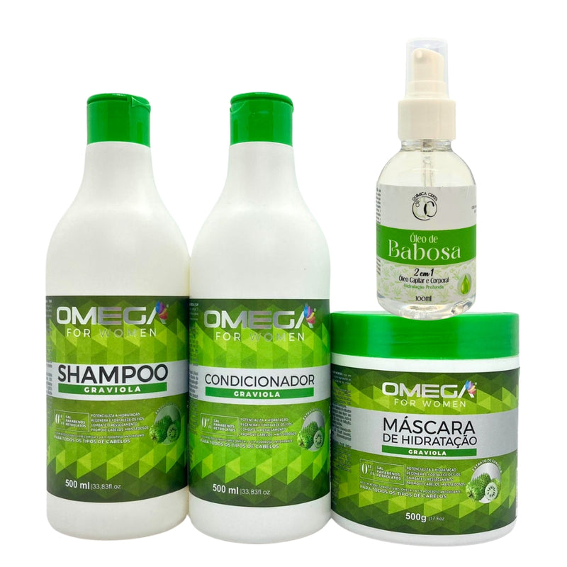 Kit Crescimento Capilar Graviola Shampoo Condicionador Máscara 500g e Óleo Capilar OmegaHair