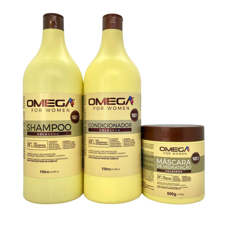 Kit Capilar Colágeno Shampoo Condicionador 1L e Máscara Omega Hair