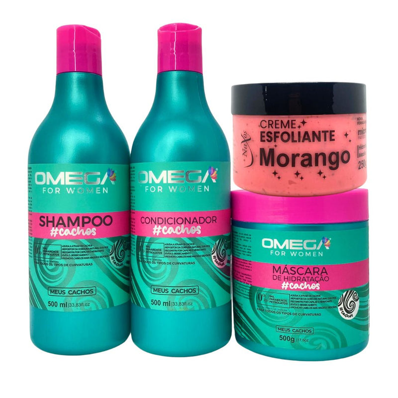 Kit Cacheadas Shampoo Condicionador  Mascara 500g Omega Hair e Esfoliante Morango