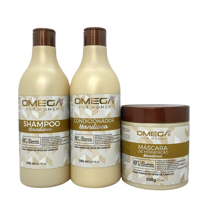Kit Capilar Mandioca Shampoo Condicionador e Máscara 500g OmegaHair