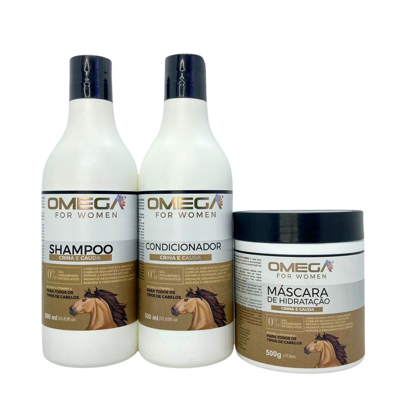 Kit Capilar Crina e Cauda Shampoo Condicionador e Máscara 500g OmegaHair