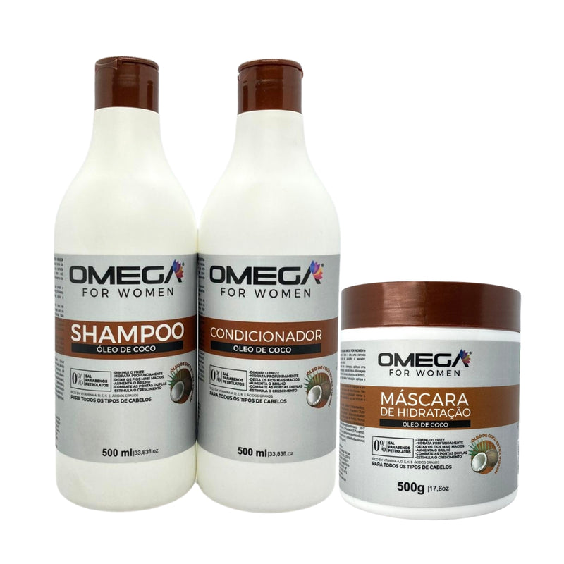 Kit Capilar Óleo De Coco Shampoo Condicionador e Máscara 500ml OmegaHair