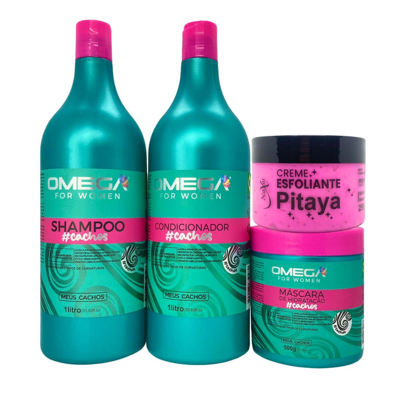 Kit Cacheadas Shampoo Condicionador 1L Mascara Omega Hair e Esfoliante Pitaya