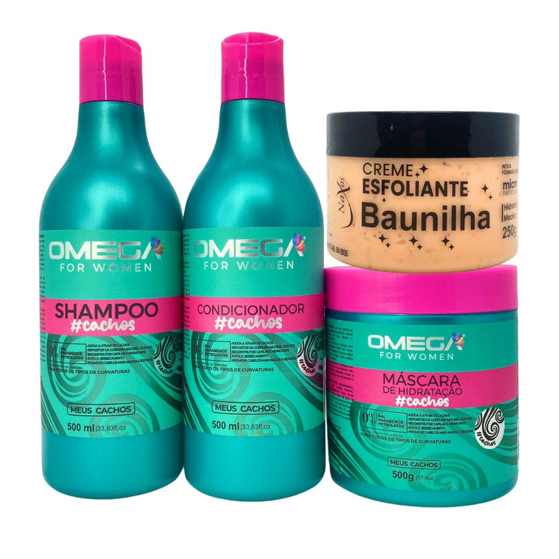 Kit Cacheadas Shampoo Condicionador  Mascara 500g Omega Hair e Esfoliante Baunilha