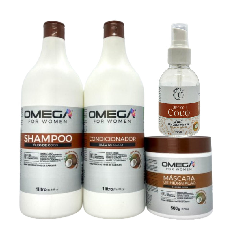 Kit Óleo de Coco Shampoo Condicionador 1L Mascara e Óleo Capilar e Corporal Omega Hair
