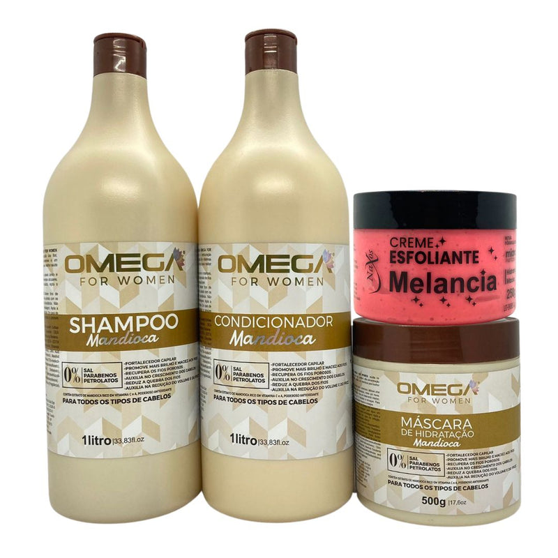 Kit Nutrição Mandioca Shampoo Condicionador 1L Máscara Omega Hair e Esfoliante Melancia
