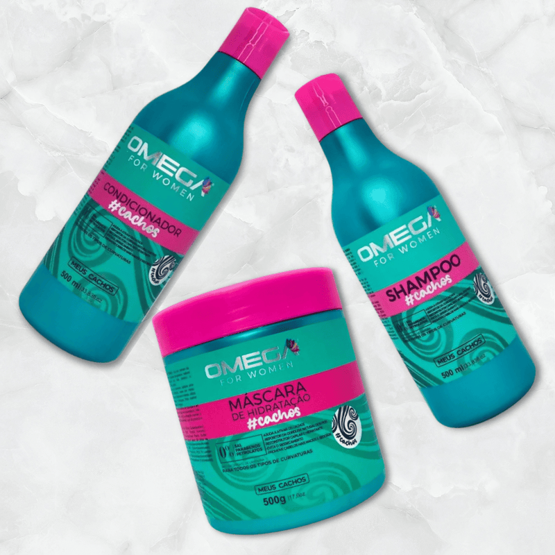 Kit Capilar Cachos Shampoo Condicionador 500ml e Mascara 500g OmegaHair