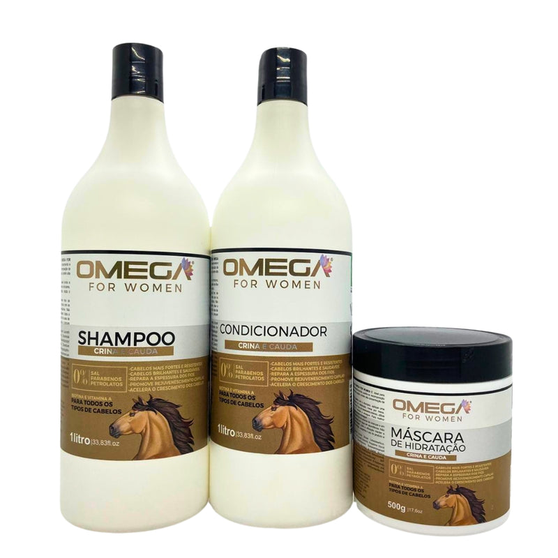 Kit Capilar Crina e Cauda Shampoo Condicionador 1L e Mascara OmegaHair