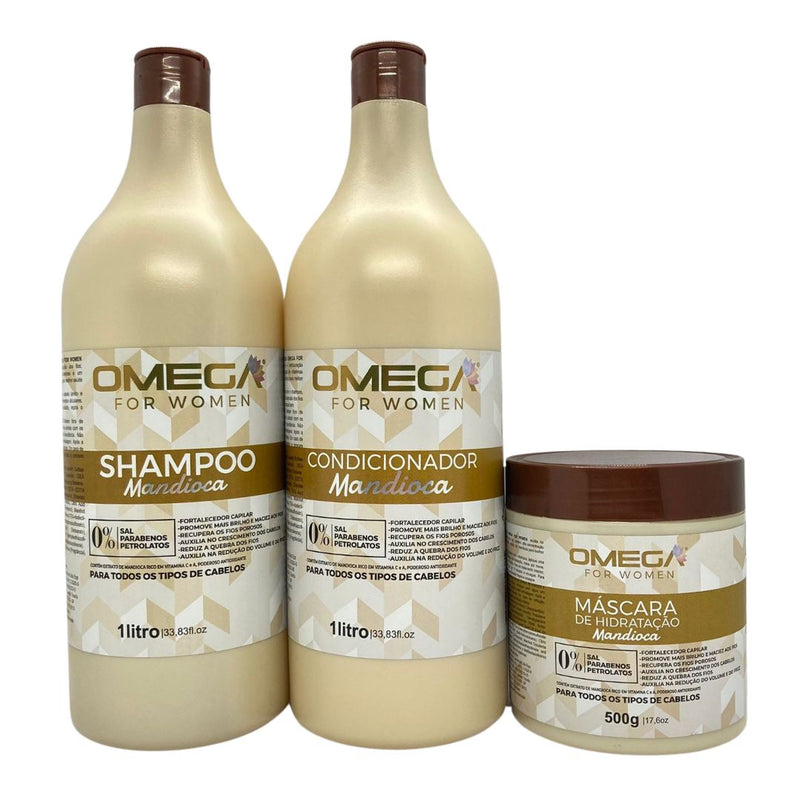 Kit Capilar Mandioca Shampoo Condicionador 1L E Máscara OmegaHair