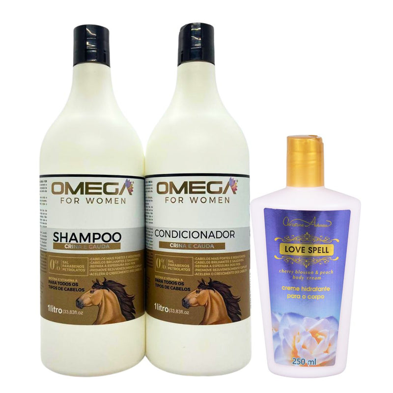 Kit Capilar Força e Brilho Crina E Cauda Shampoo Condicionador 1L Omega Hair e Creme Corporal